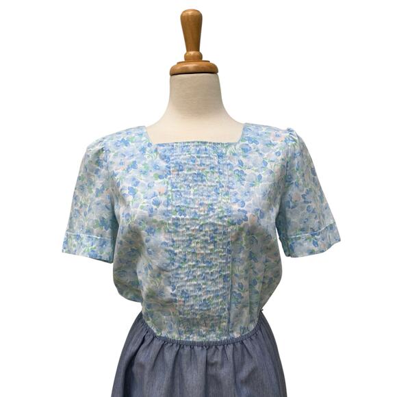 VTG Day Dress The Jones Girl Sz 12 Blue Floral Midi Pleated Feminine 50s 60s - Picture 2 of 13